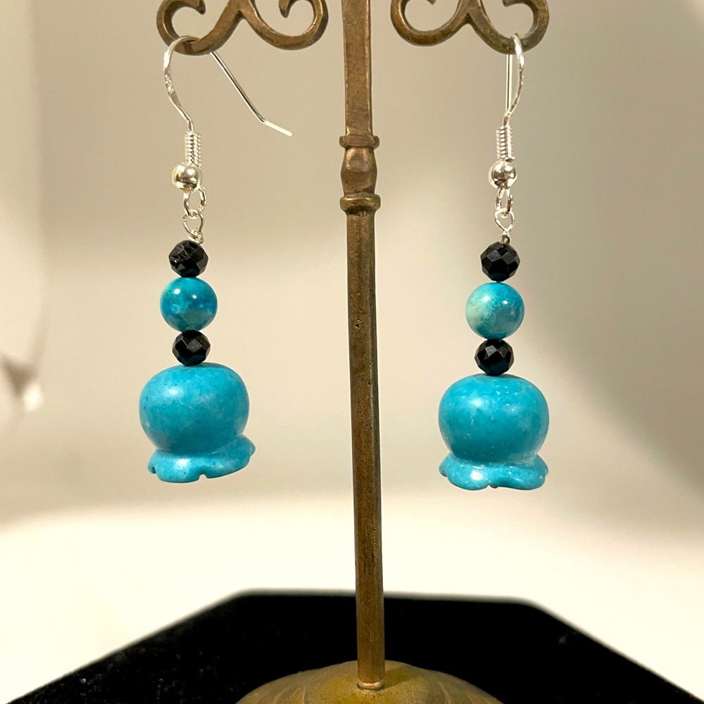 Turquoise Tulip and Black Spinel Silver Earrings